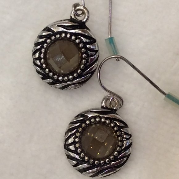 Vintage Silver Drop Earrings with Green Amber Looking Stone - Picture 10 of 15
